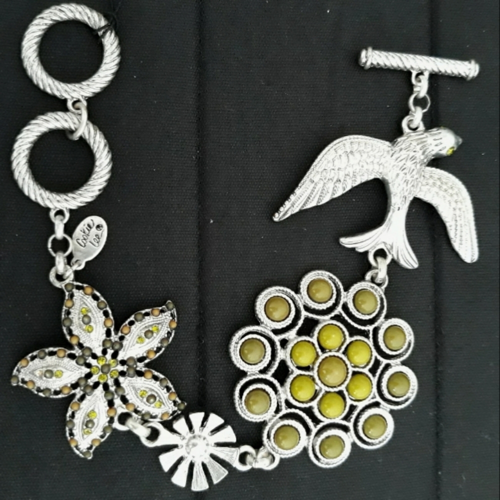 Cookie Lee Crystal Floral Bird Toggle Bracelet